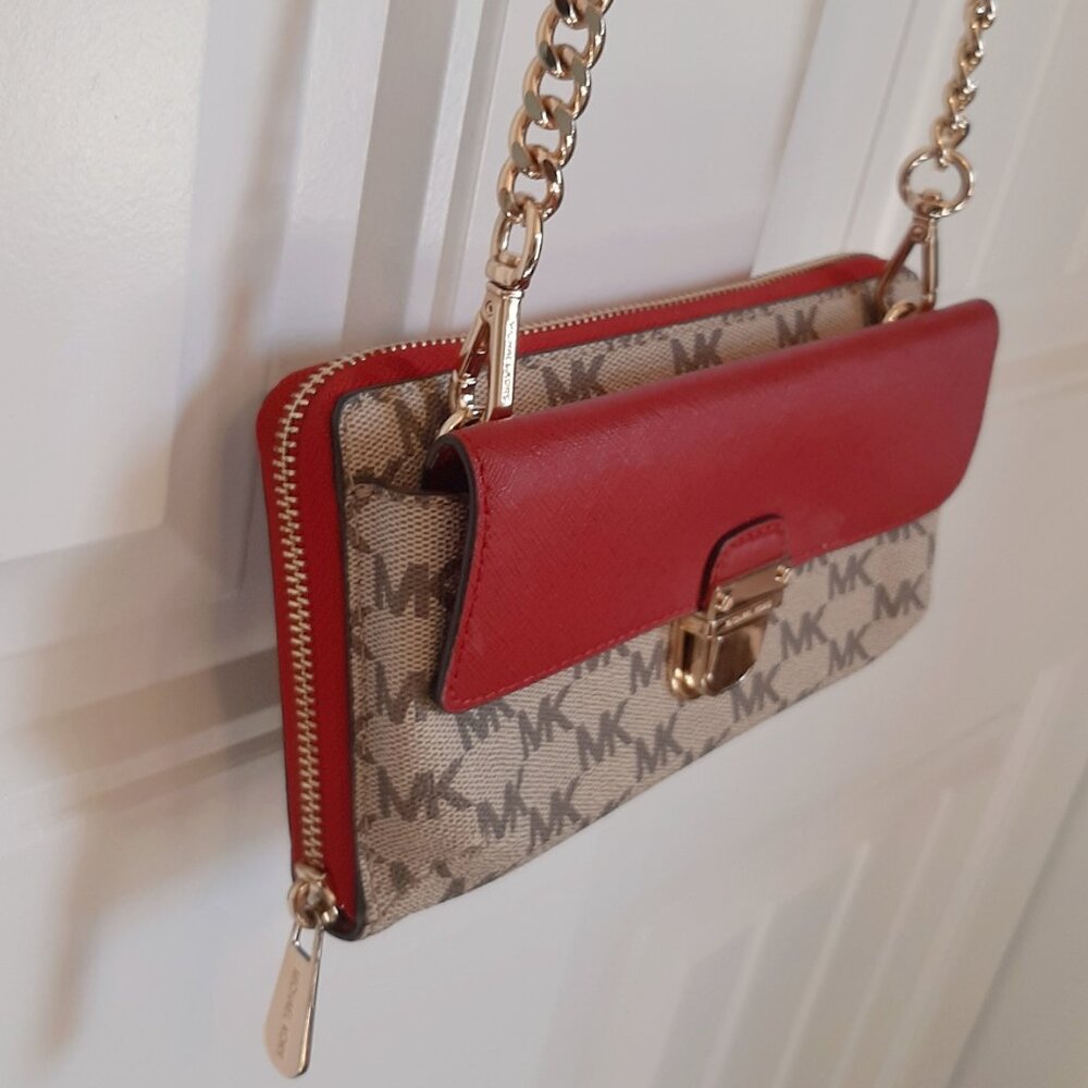 Michael Kors Bridgette Red & Tan MK Logo Print Wallet on Crossbody Strap - Picture 3 of 14